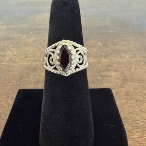 Vintage 925 Sterling Silver Garnet Ring Marquise Filigree Size 5.75